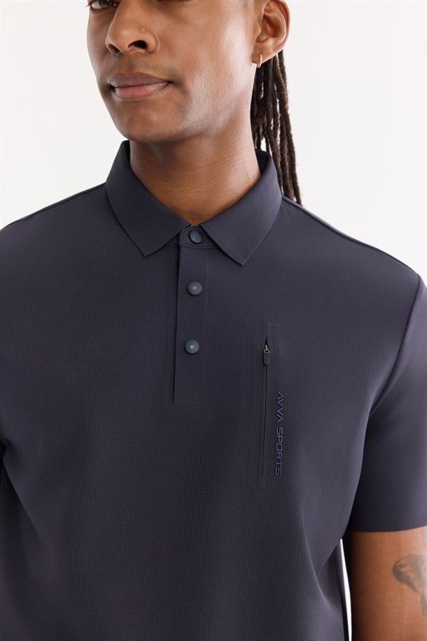 Lacivert Kıvrılmaz Polo Yaka Kırışmaz Hızlı Kuruyan Teknik Kumaş T-Shirt