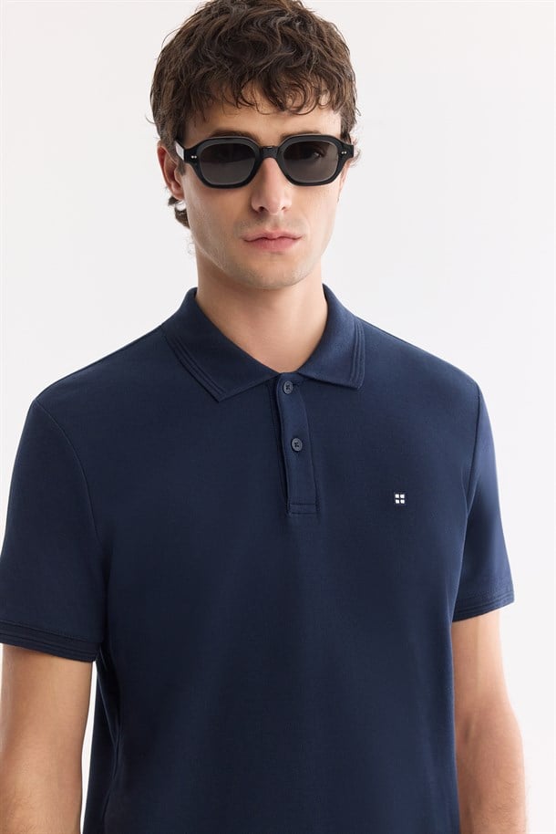 Lacivert Kıvrılmaz Polo Yaka %100 Pamuk Basic T-Shirt