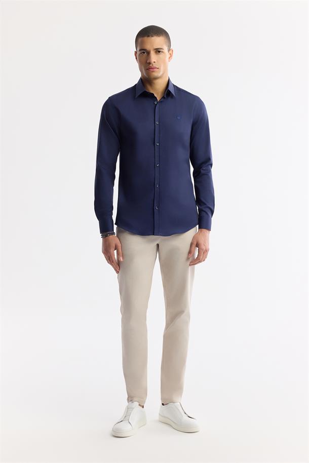 Lacivert Klasik Yaka %100 Pamuk Saten Kolay Ütülenen Gömlek