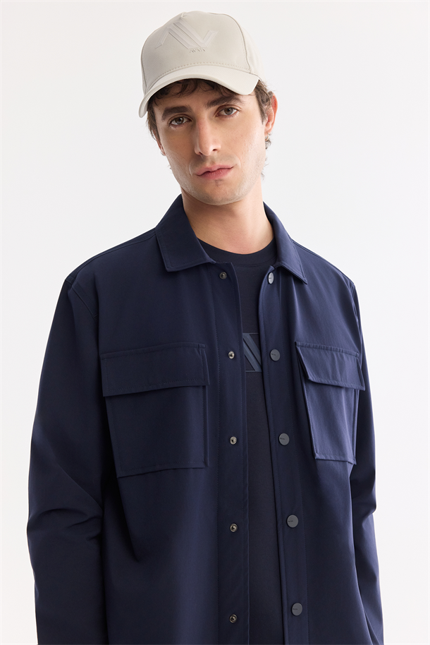 Lacivert Klasik Yaka Cepli Comfort Fit Uzun Kol Gömlek Ceket