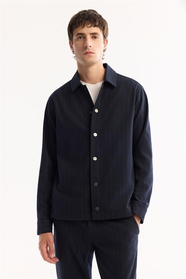Navy Classic Collar Easy-Iron Striped Shirt Jacket