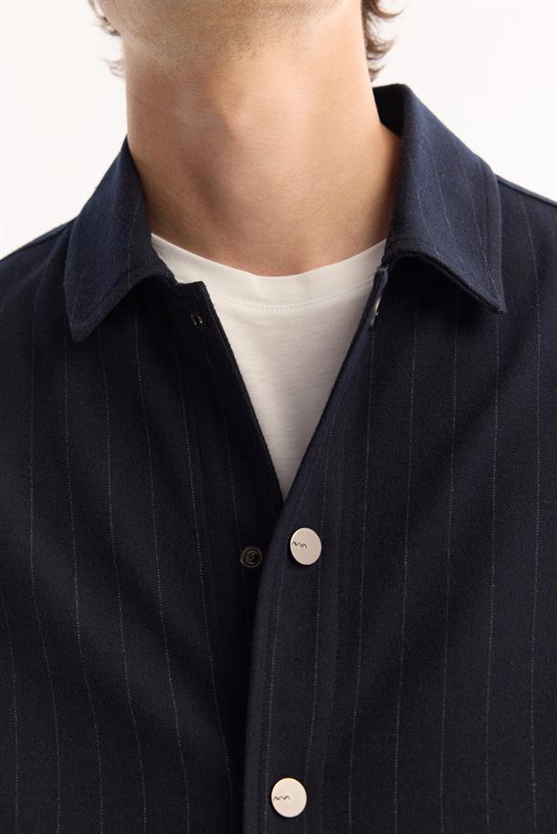 Navy Classic Collar Easy-Iron Striped Shirt Jacket