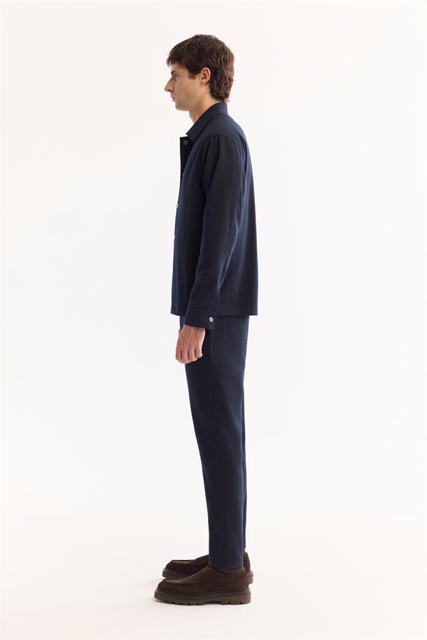 Navy Classic Collar Easy-Iron Striped Shirt Jacket