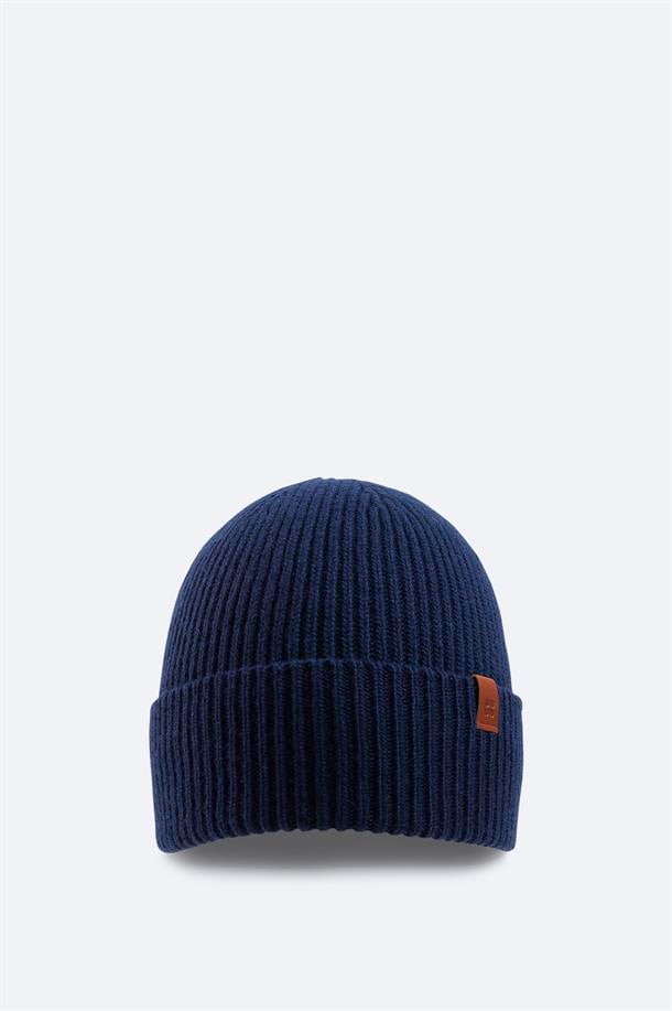 Navy Wool Blend Logo Ribbed Beanie