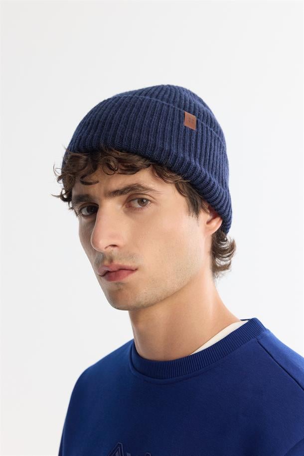 Navy Wool Blend Logo Ribbed Beanie