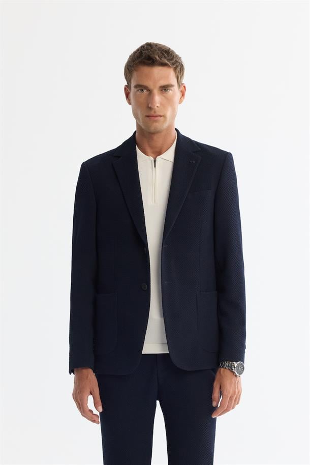 Lacivert Mono Yaka Bi-Stretch Blazer Ceket