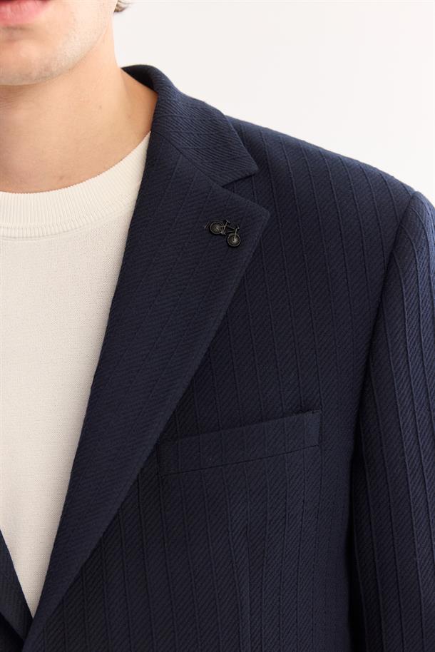 Lacivert Mono Yaka Bi-Stretch Hafif Çizgili Blazer Ceket