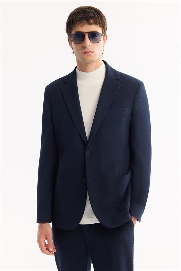 Lacivert Mono Yaka Bi-Stretch Hafif Dokulu Blazer Ceket