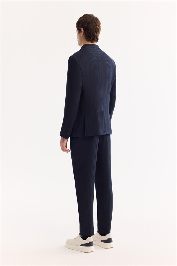 Lacivert Mono Yaka Bi-Stretch Hafif Çizgili Blazer Ceket