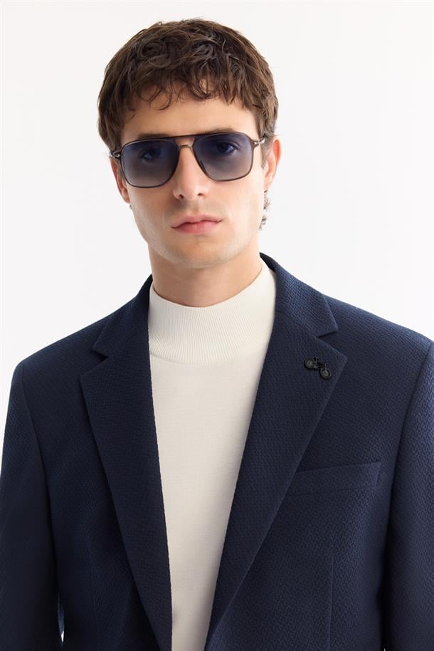 Lacivert Mono Yaka Bi-Stretch Hafif Dokulu Blazer Ceket