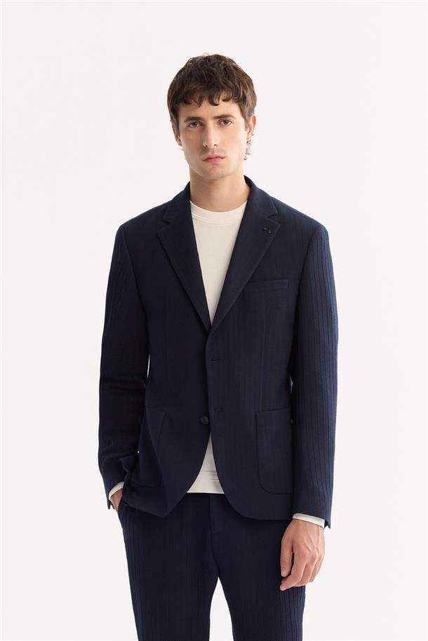 Lacivert Mono Yaka Bi-Stretch Hafif Çizgili Blazer Ceket