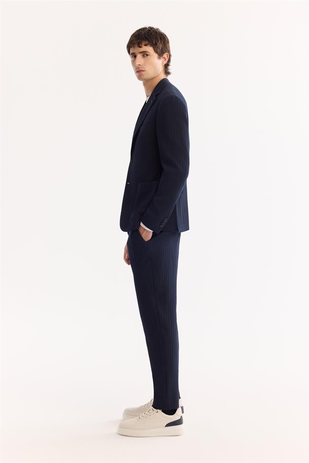 Lacivert Mono Yaka Bi-Stretch Hafif Çizgili Blazer Ceket