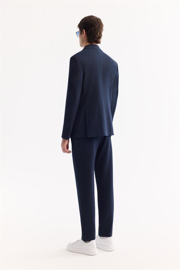 Lacivert Mono Yaka Bi-Stretch Hafif Dokulu Blazer Ceket