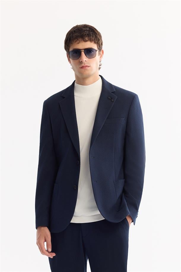 Lacivert Mono Yaka Bi-Stretch Hafif Dokulu Blazer Ceket