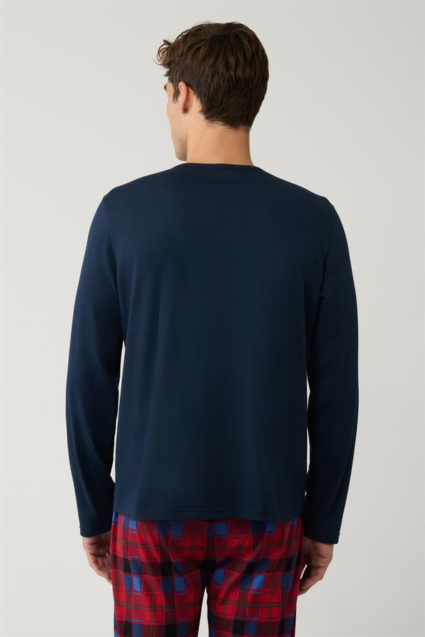 Lacivert Bisiklet Yaka %100 Pamuk Ekoseli Özel Kutulu Pijama Takımı