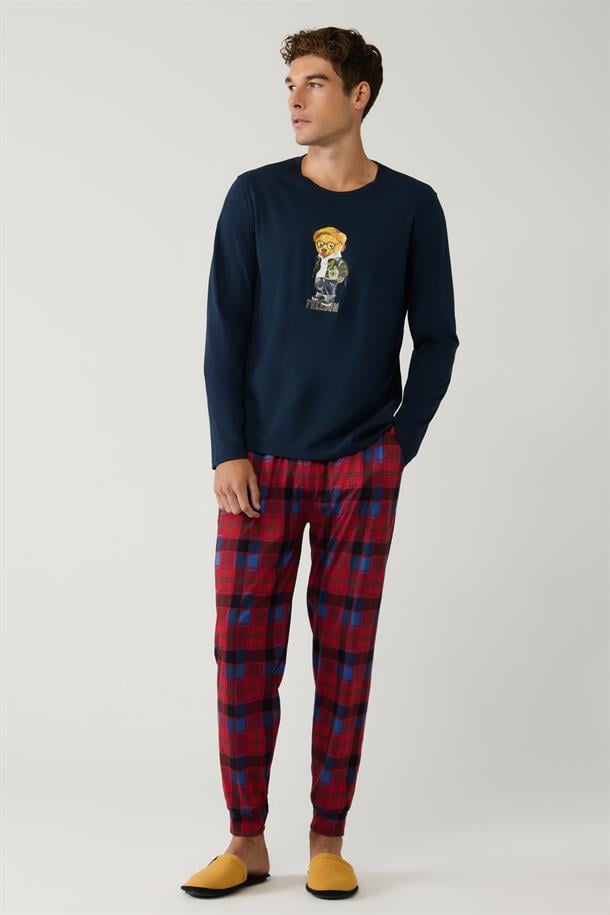 Lacivert Bisiklet Yaka %100 Pamuk Ekoseli Özel Kutulu Pijama Takımı