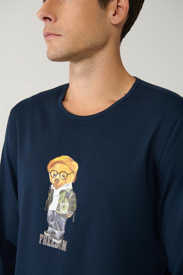 Lacivert Bisiklet Yaka %100 Pamuk Ekoseli Özel Kutulu Pijama Takımı