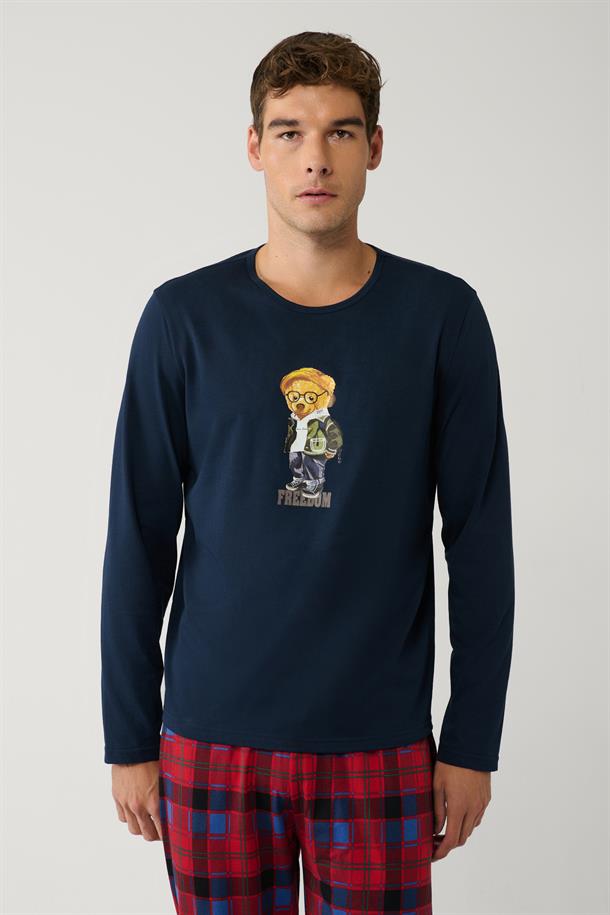 Lacivert Bisiklet Yaka %100 Pamuk Ekoseli Özel Kutulu Pijama Takımı