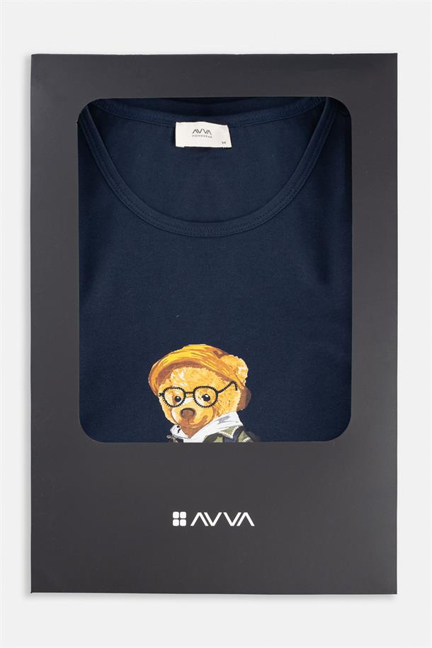 Lacivert Bisiklet Yaka %100 Pamuk Ekoseli Özel Kutulu Pijama Takımı