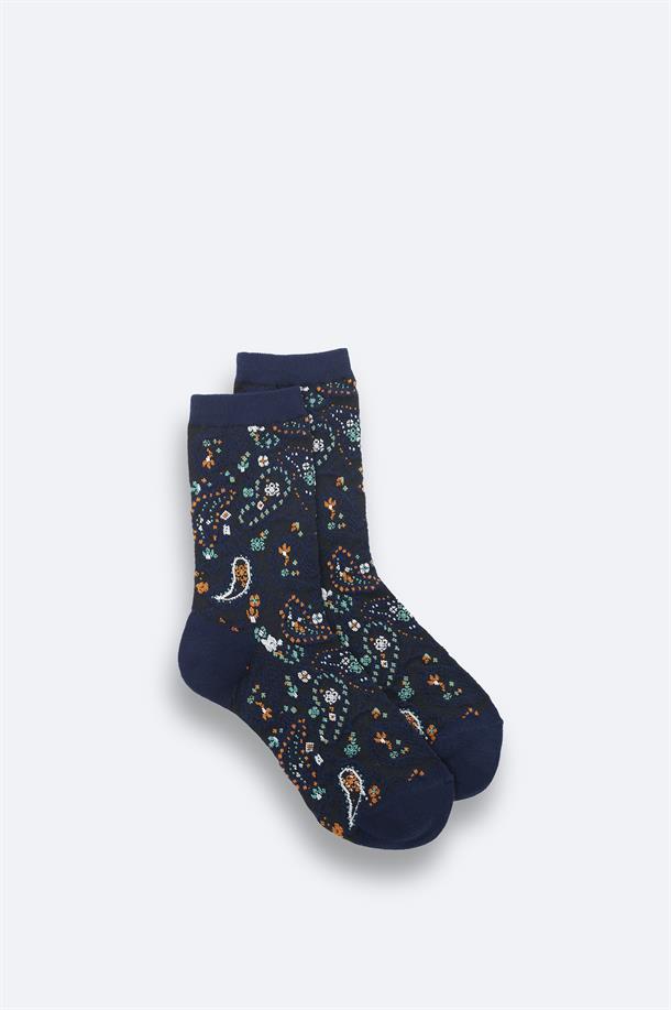 Lacivert Pamuklu Desenli Soket Çorap