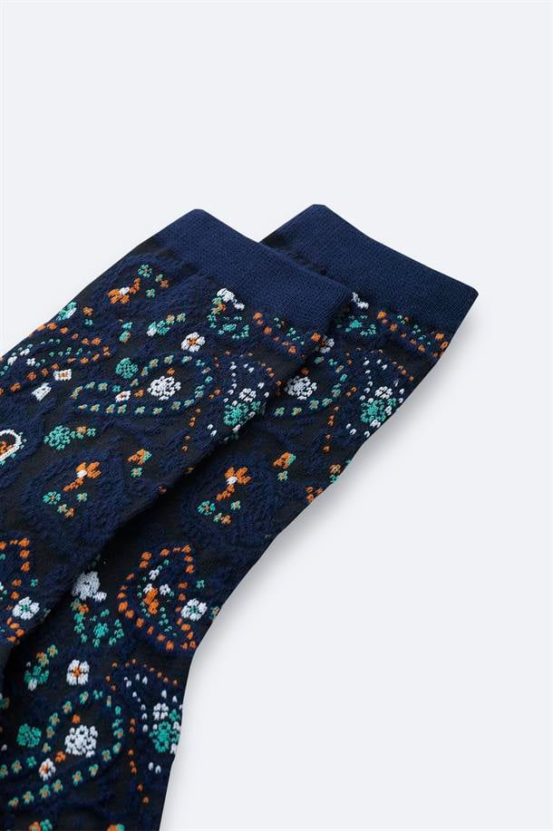 Lacivert Pamuklu Desenli Soket Çorap