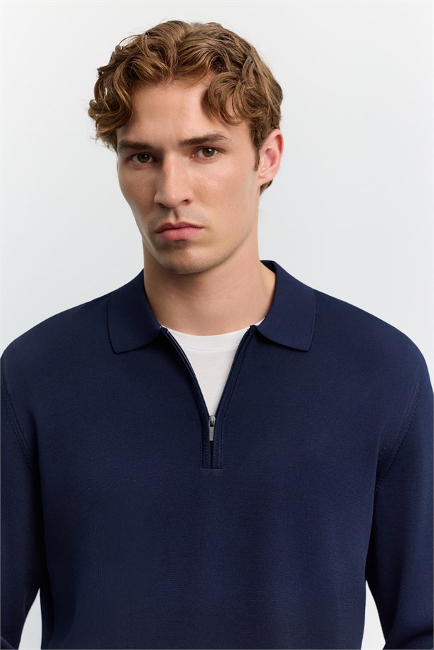 Lacivert Polo Yaka Fermuarlı Rayon Tüylenmeyen Basic Triko Kazak