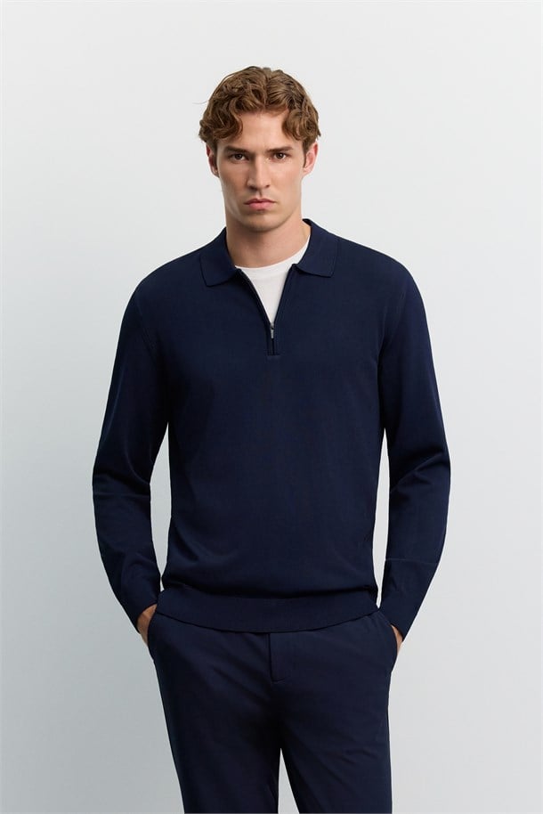 Lacivert Polo Yaka Fermuarlı Rayon Tüylenmeyen Basic Triko Kazak