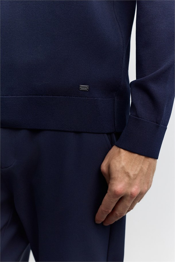 Lacivert Polo Yaka Fermuarlı Rayon Tüylenmeyen Basic Triko Kazak
