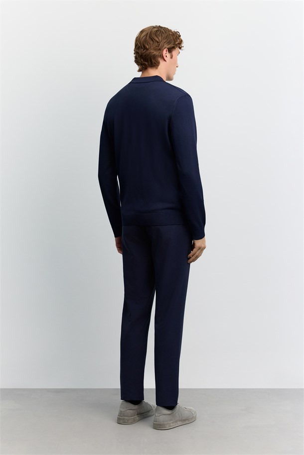 Lacivert Polo Yaka Fermuarlı Rayon Tüylenmeyen Basic Triko Kazak