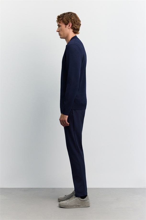 Lacivert Polo Yaka Fermuarlı Rayon Tüylenmeyen Basic Triko Kazak