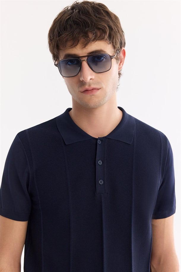Lacivert Polo Yaka Düğmeli Triko T-Shirt