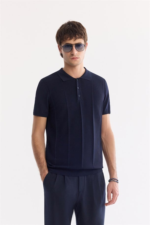 Lacivert Polo Yaka Düğmeli Triko T-Shirt