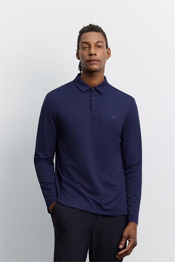 Lacivert Polo Yaka Düğmeli Teknik Kumaş Uzun Kol  Basic T-Shirt