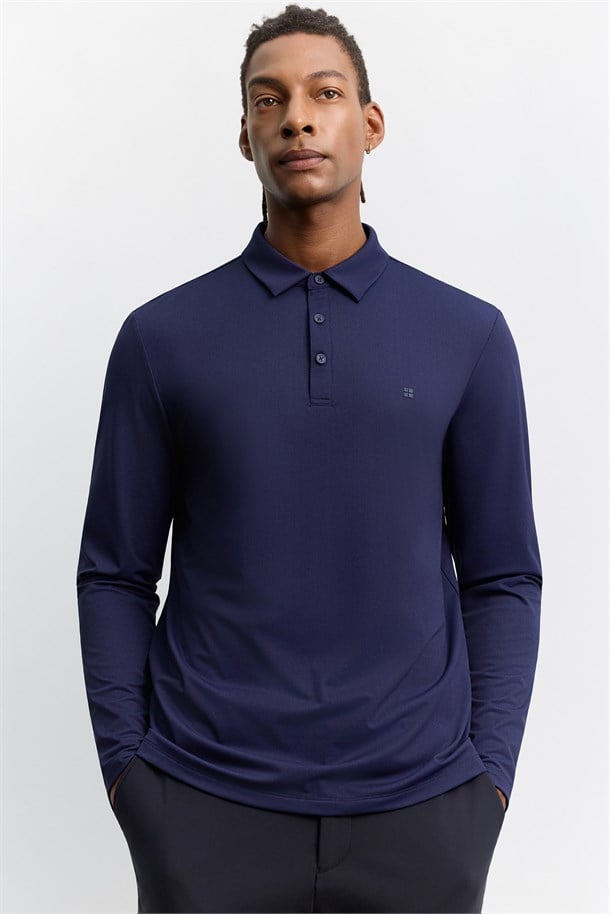 Lacivert Polo Yaka Düğmeli Teknik Kumaş Uzun Kol  Basic T-Shirt
