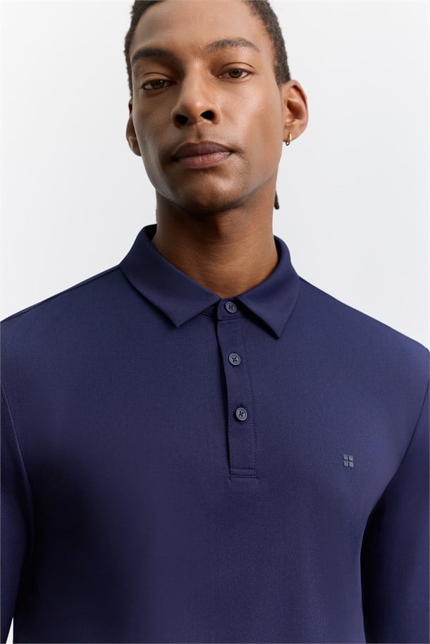 Lacivert Polo Yaka Düğmeli Teknik Kumaş Uzun Kol  Basic T-Shirt