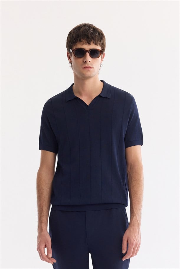 Lacivert Polo Yaka Düğmesiz Dokulu Triko T-Shirt
