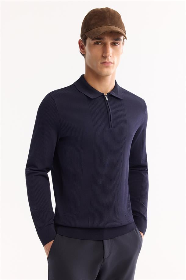 Lacivert Polo Yaka Fermuarlı Rayon Tüylenmeyen Dokulu Triko Kazak