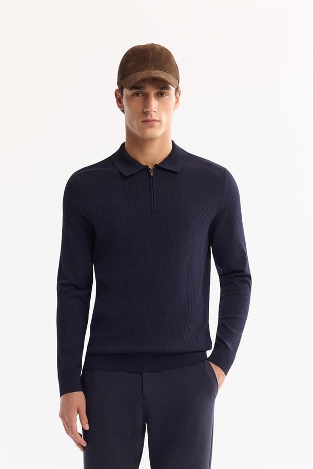 Lacivert Polo Yaka Fermuarlı Rayon Tüylenmeyen Dokulu Triko Kazak