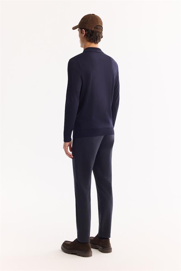 Lacivert Polo Yaka Fermuarlı Rayon Tüylenmeyen Dokulu Triko Kazak