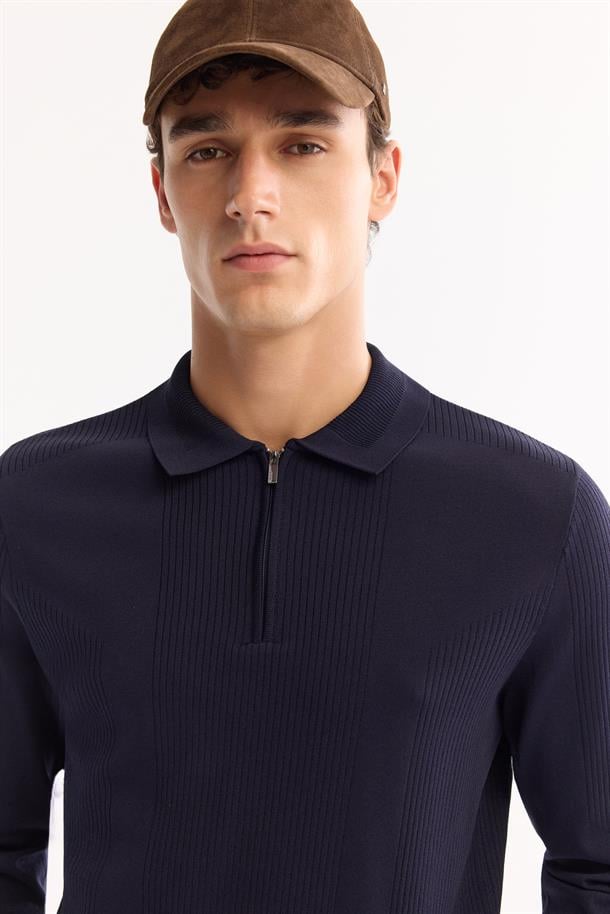 Lacivert Polo Yaka Fermuarlı Rayon Tüylenmeyen Dokulu Triko Kazak