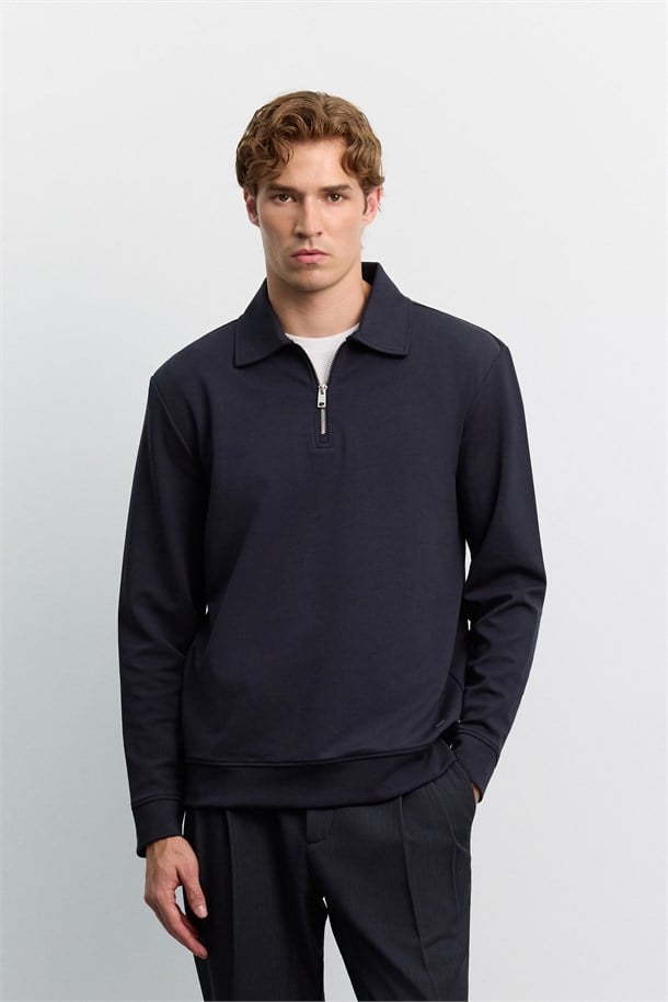 Lacivert Polo Yaka Fermuarlı İnterlok  Sweatshirt