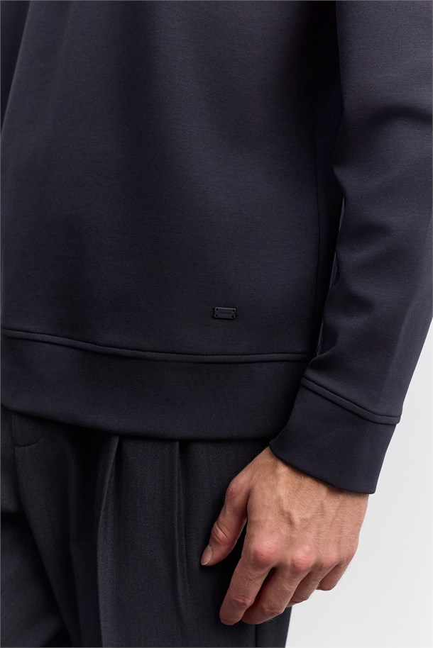 Lacivert Polo Yaka Fermuarlı İnterlok  Sweatshirt
