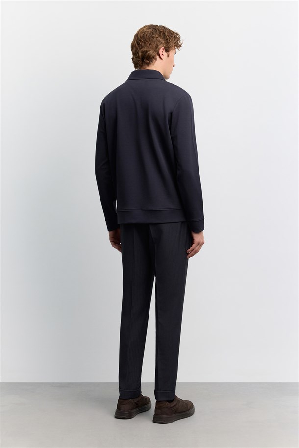 Lacivert Polo Yaka Fermuarlı İnterlok  Sweatshirt