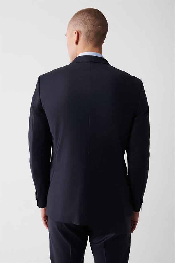 Lacivert Kırlangıç Yaka Çift Yırtmaçlı Astarlı Yün Karışımlı Takım Elbise