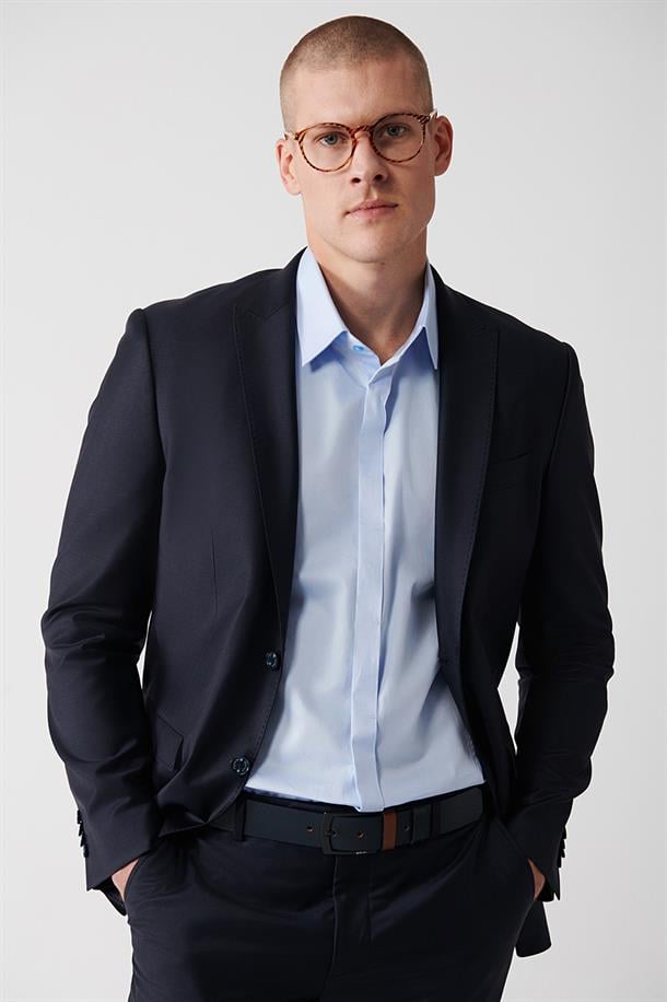 Lacivert Kırlangıç Yaka Çift Yırtmaçlı Astarlı Yün Karışımlı Takım Elbise