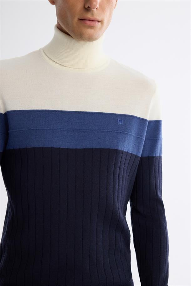 Lacivert Tam Balıkçı Yaka Blok Renkli Yün Karışımlı Kazak