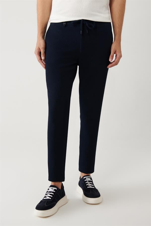 Lacivert Beli Lastikli ve Bağcıklı Bi-Stretch Pantolon