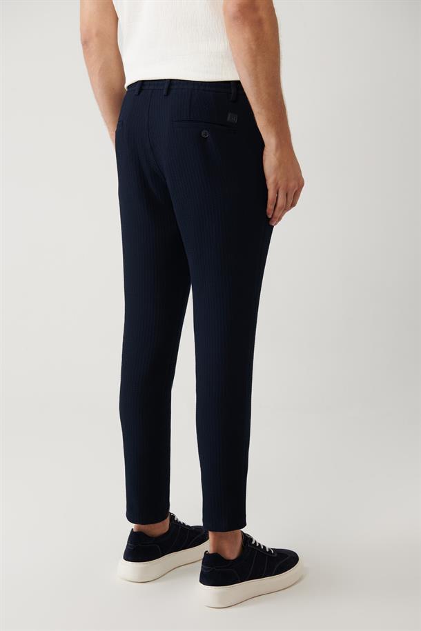 Lacivert Beli Lastikli ve Bağcıklı Bi-Stretch Pantolon