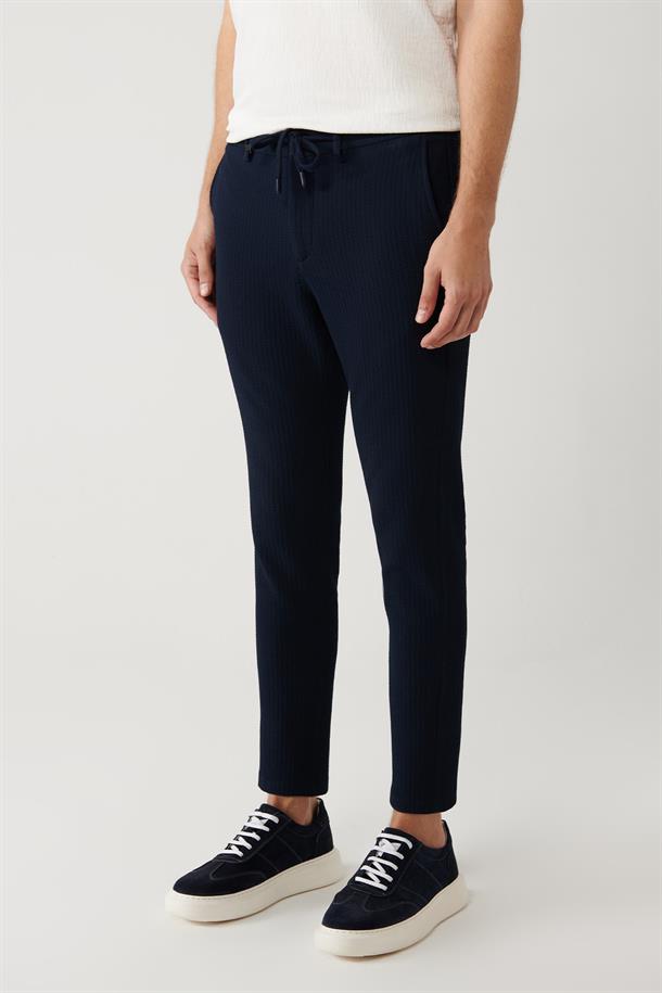 Lacivert Beli Lastikli ve Bağcıklı Bi-Stretch Pantolon