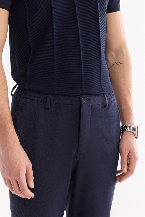 Lacivert Beli Lastikli Viskon Karışımlı Elastan Chino Pantolon